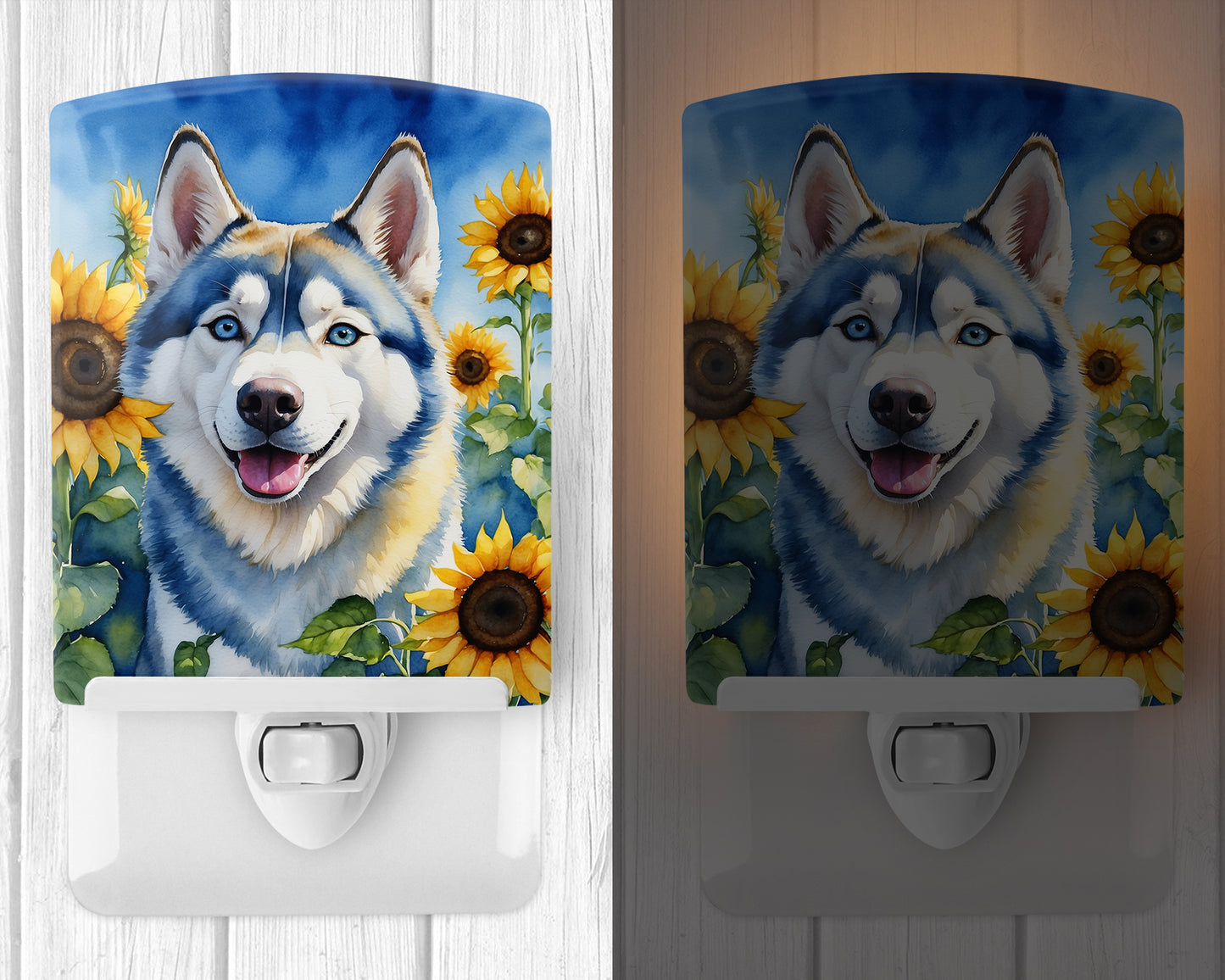 Siberian Husky in Sunflowers Ceramic Night Light