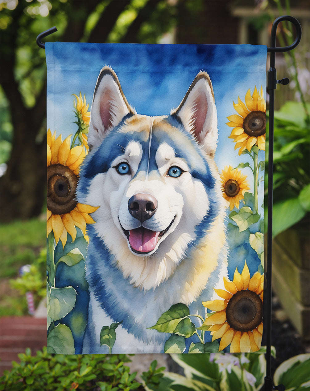 Siberian Husky in Sunflowers Garden Flag