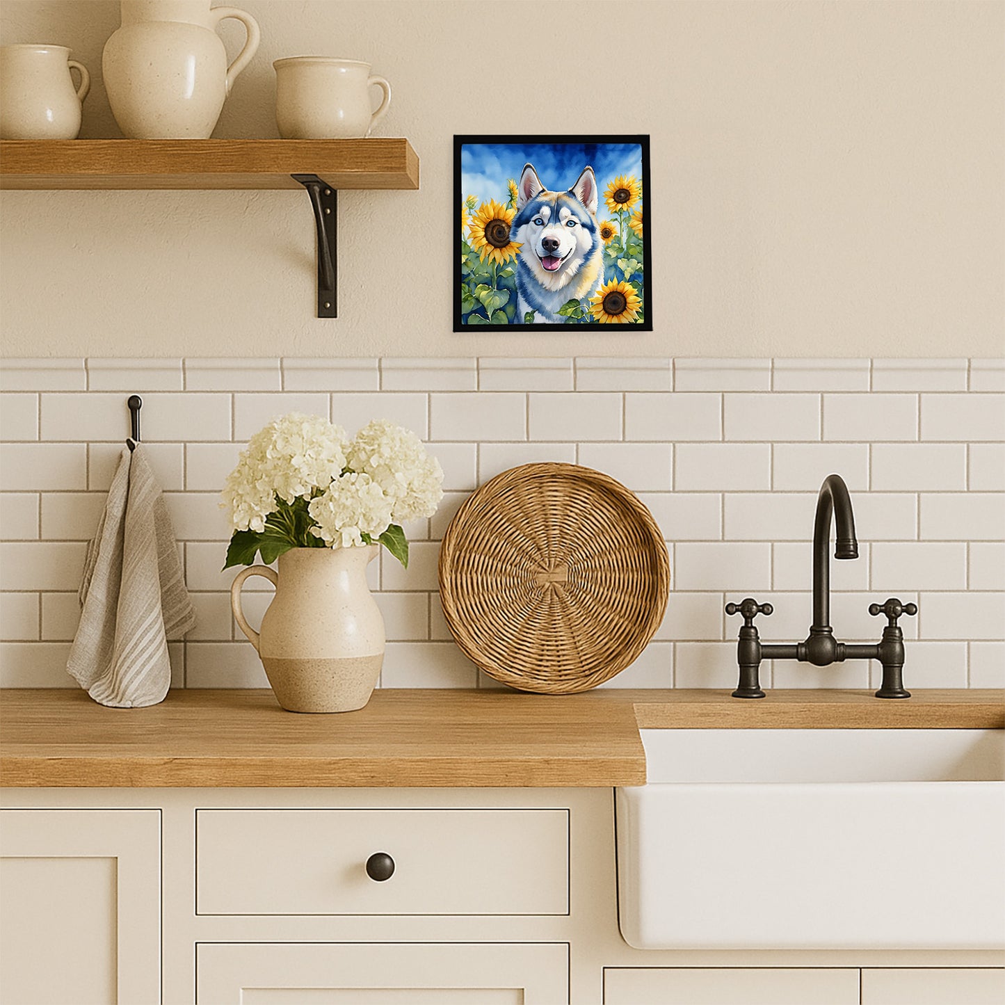 Siberian Husky in Sunflowers Framed Metal Print