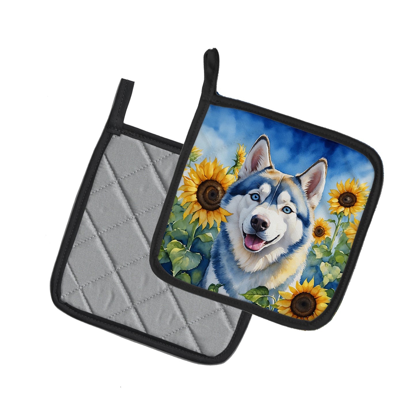 Siberian Husky in Sunflowers Pair of Pot Holders