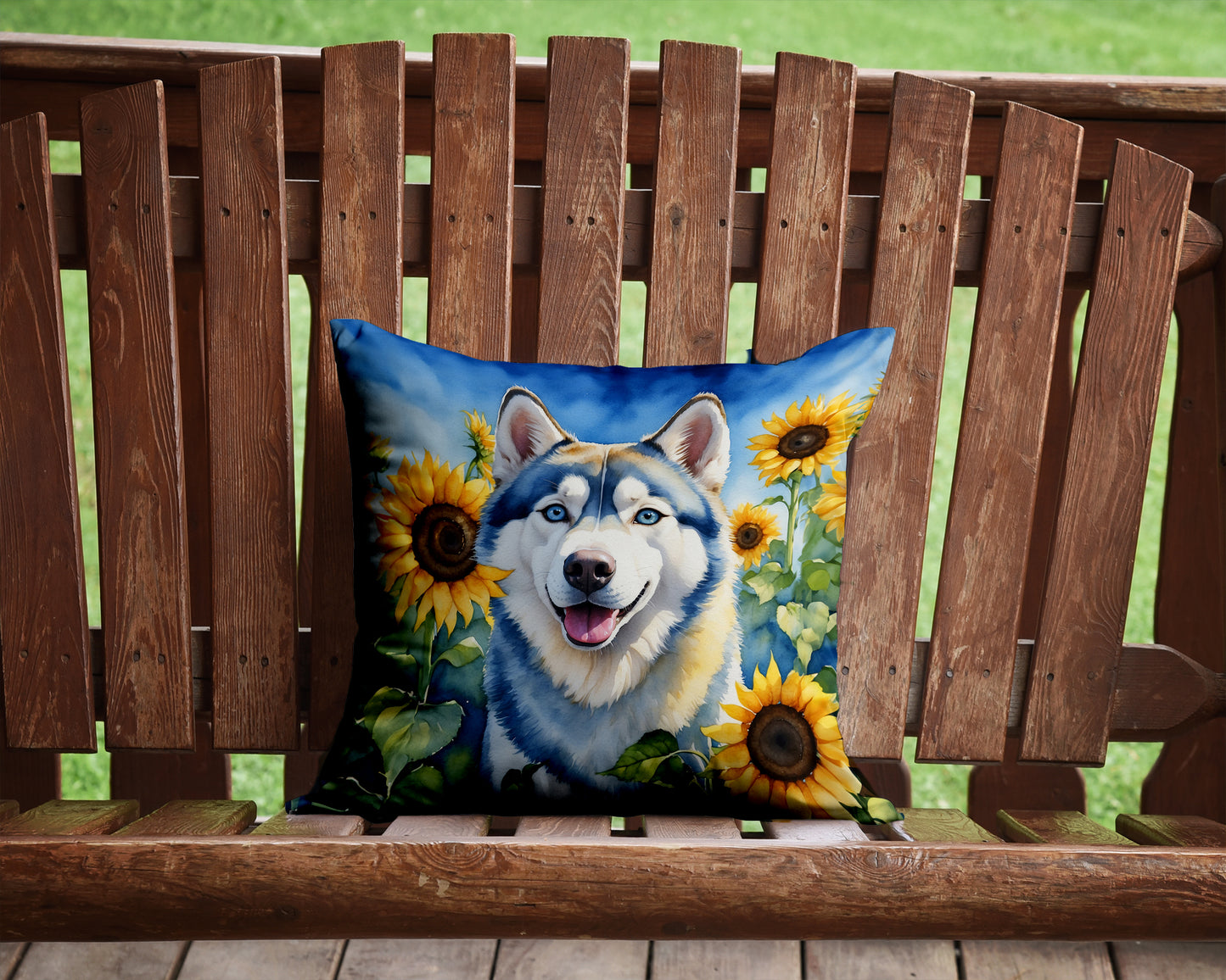 Siberian Husky in Sunflowers Throw Pillow