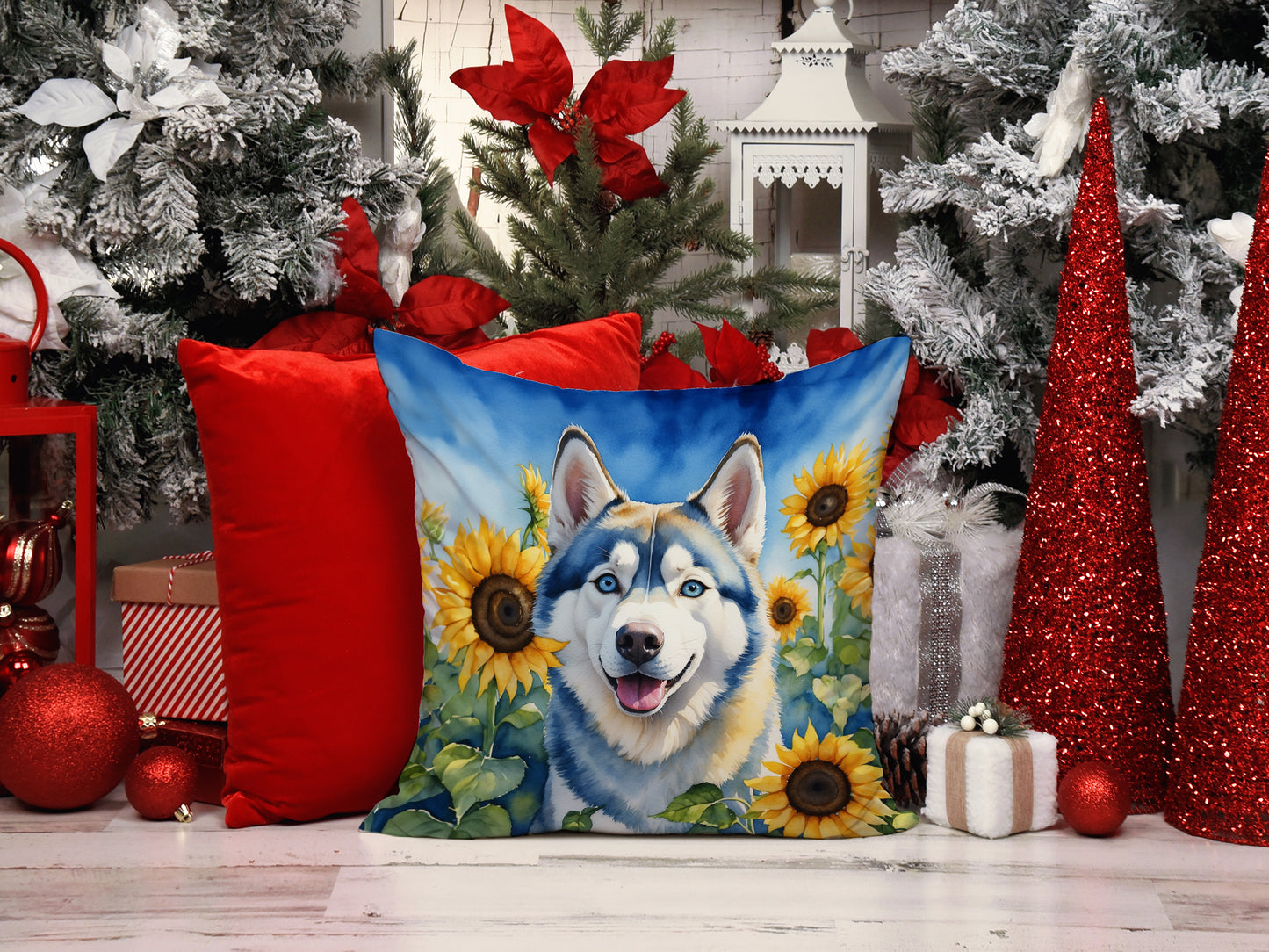 Siberian Husky in Sunflowers Throw Pillow