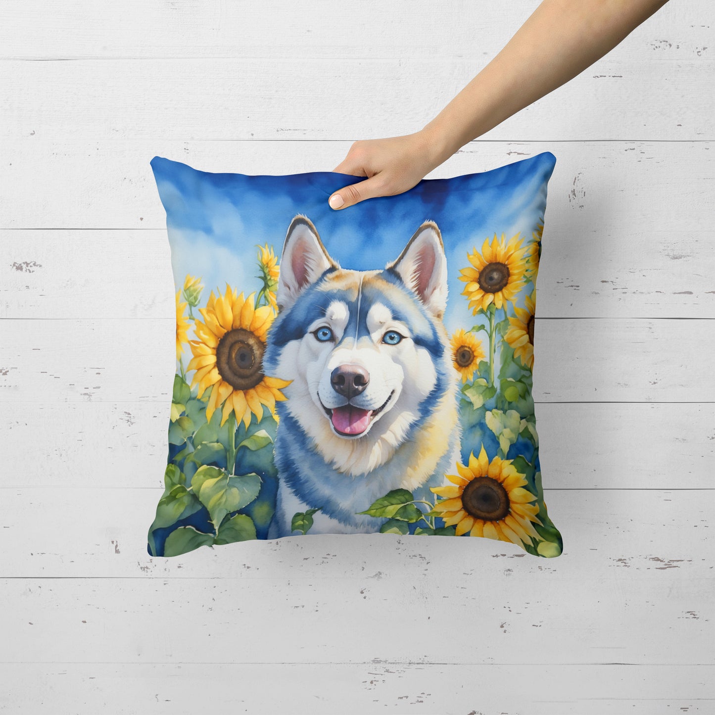 Siberian Husky in Sunflowers Throw Pillow