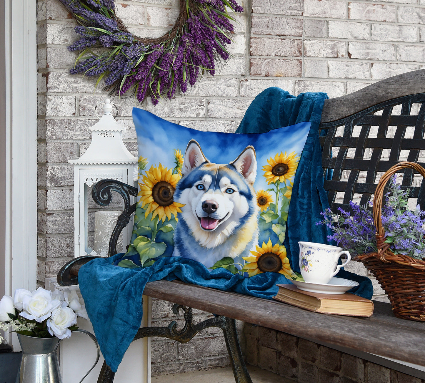 Siberian Husky in Sunflowers Throw Pillow