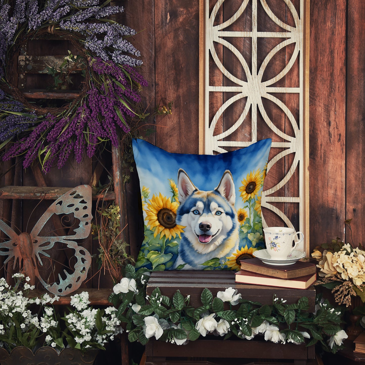 Siberian Husky in Sunflowers Throw Pillow