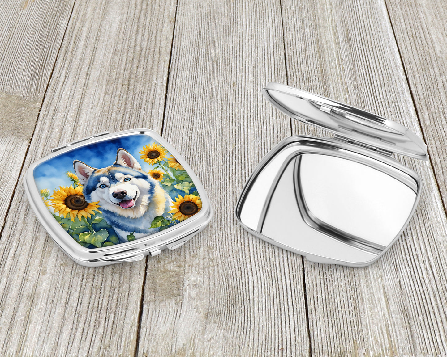 Siberian Husky in Sunflowers Compact Mirror