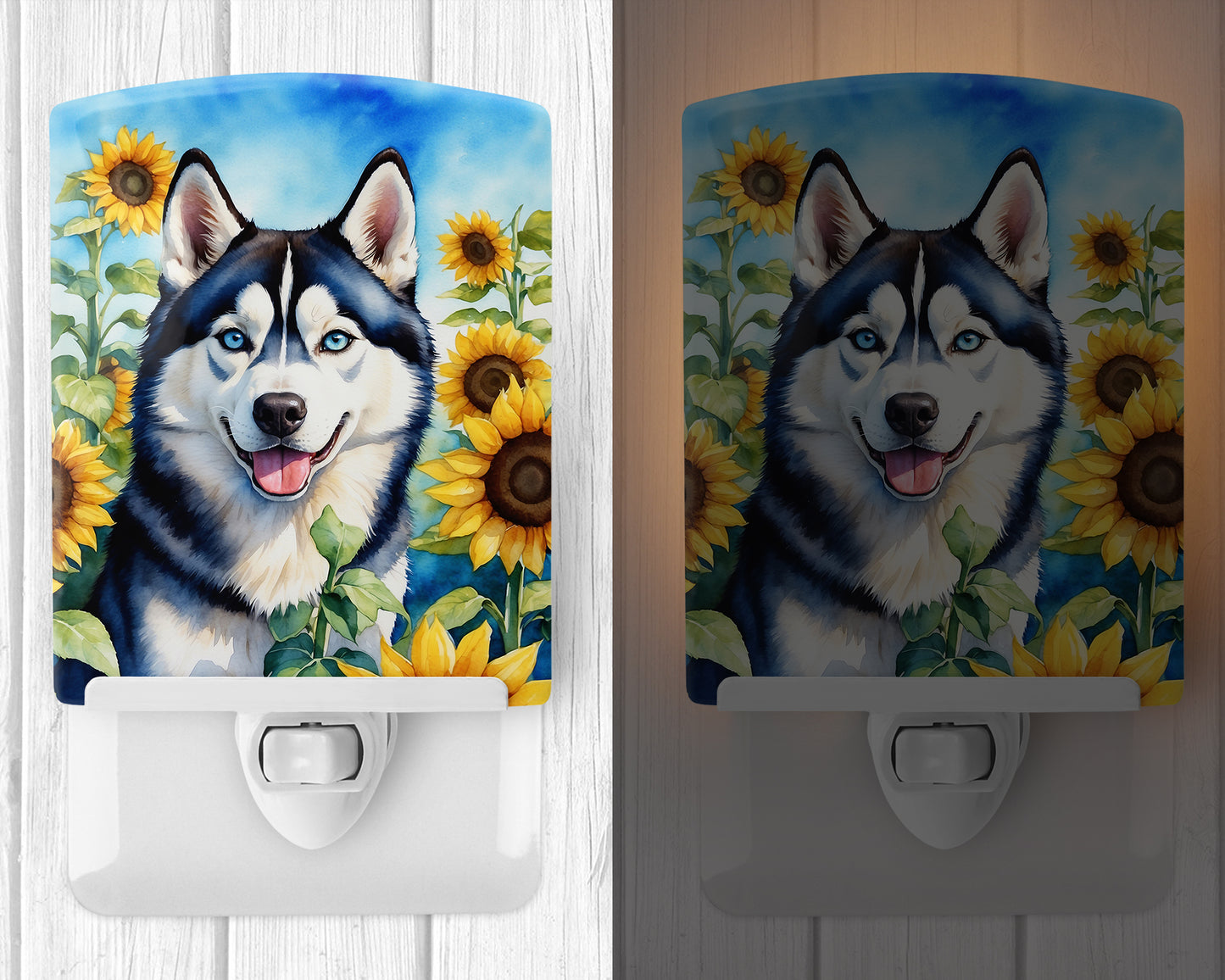 Siberian Husky in Sunflowers Ceramic Night Light