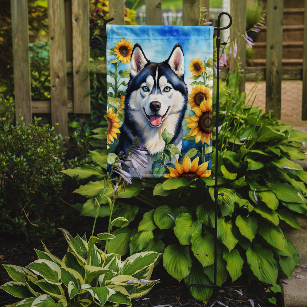 Siberian Husky in Sunflowers Garden Flag