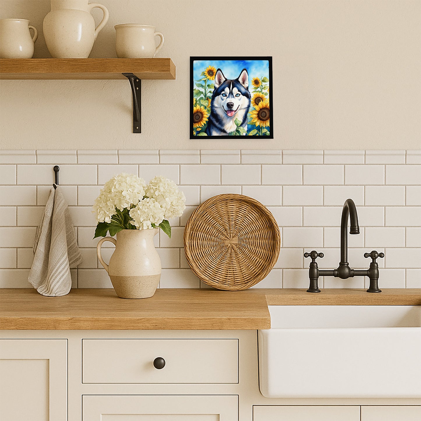 Siberian Husky in Sunflowers Framed Metal Print