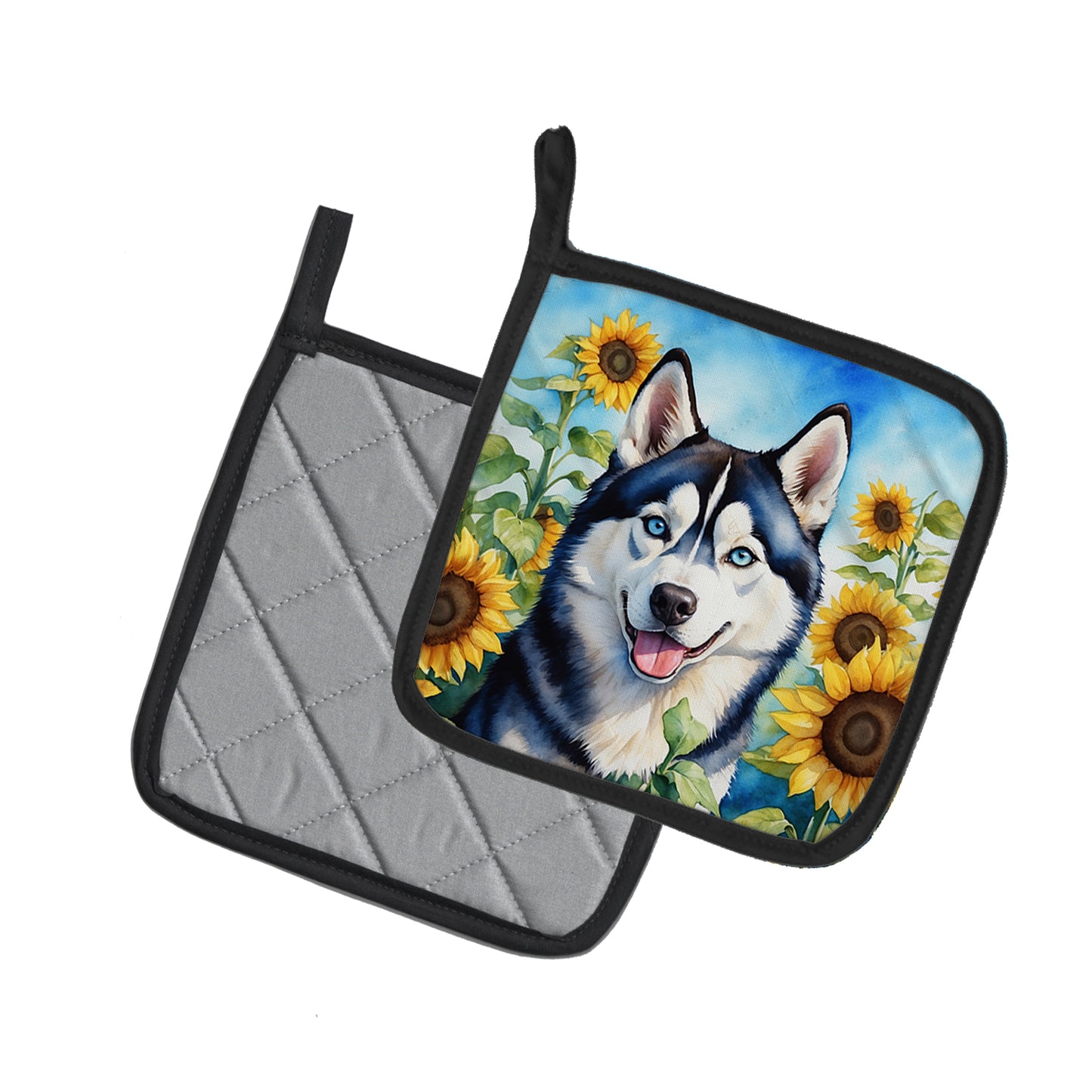 Siberian Husky in Sunflowers Pair of Pot Holders