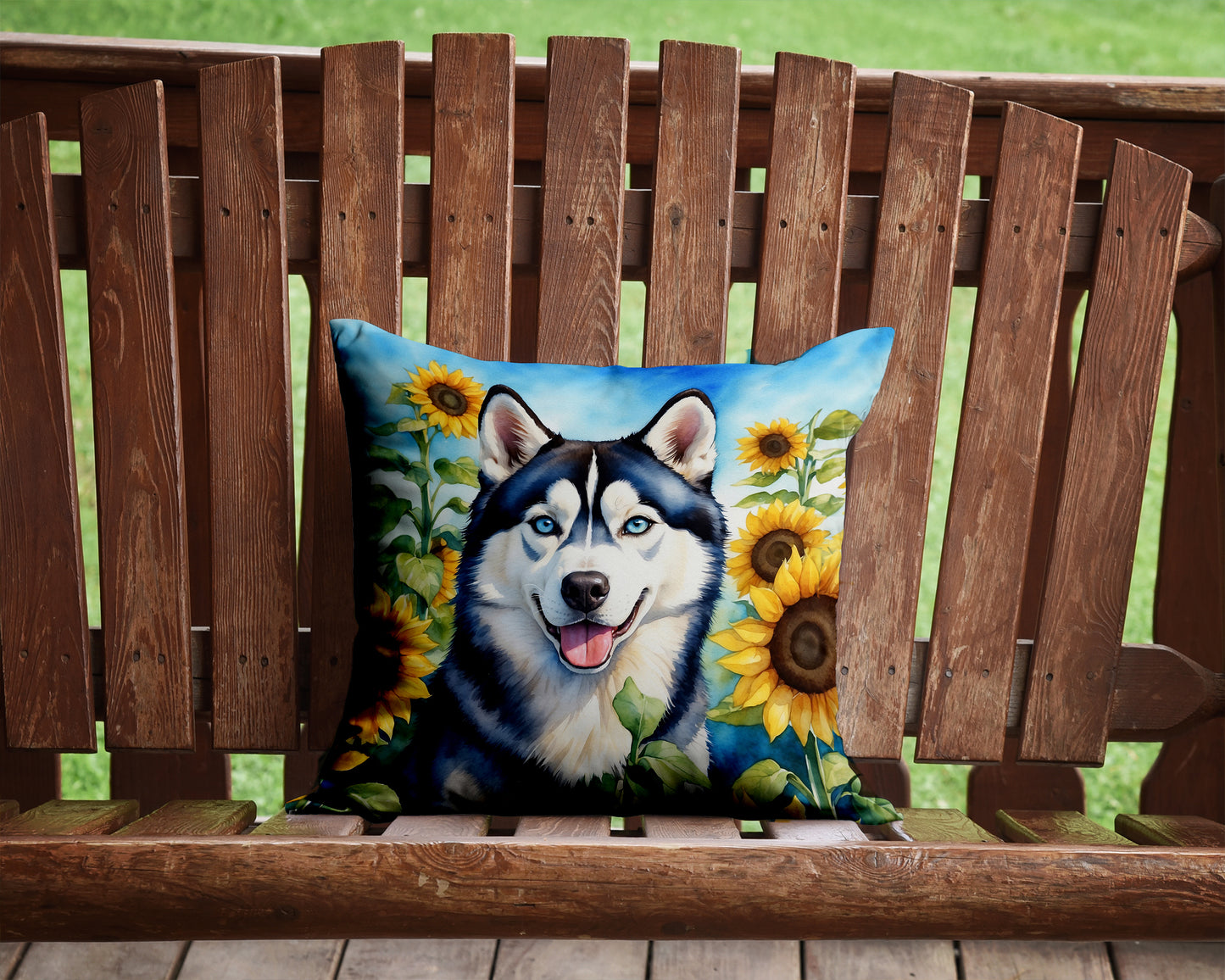 Siberian Husky in Sunflowers Throw Pillow