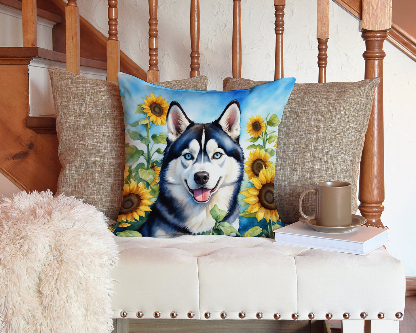 Siberian Husky in Sunflowers Throw Pillow