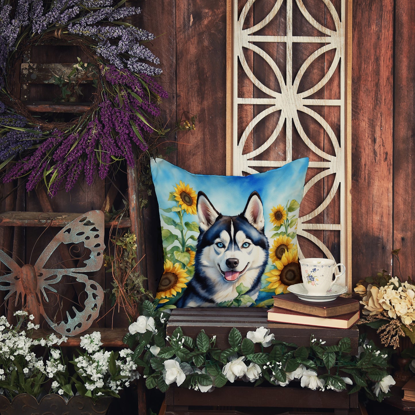 Siberian Husky in Sunflowers Throw Pillow