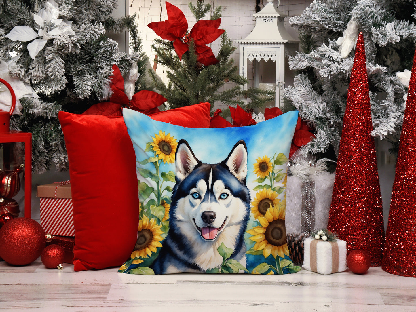 Siberian Husky in Sunflowers Throw Pillow