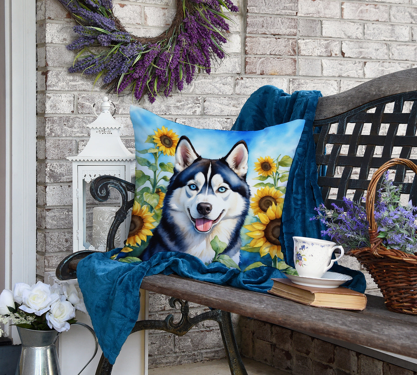 Siberian Husky in Sunflowers Throw Pillow