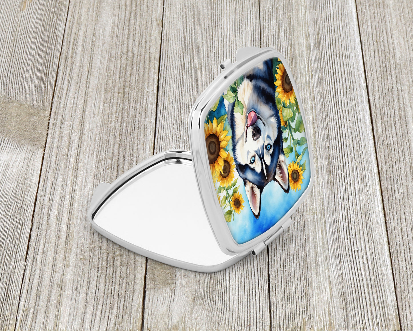 Siberian Husky in Sunflowers Compact Mirror