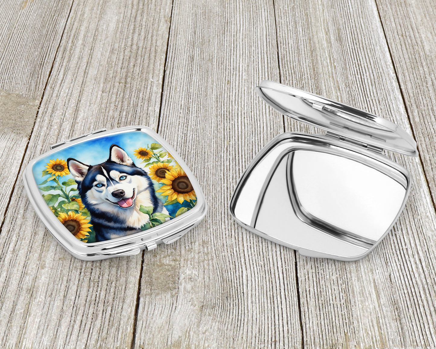 Siberian Husky in Sunflowers Compact Mirror