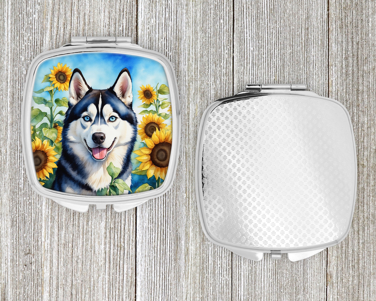 Siberian Husky in Sunflowers Compact Mirror