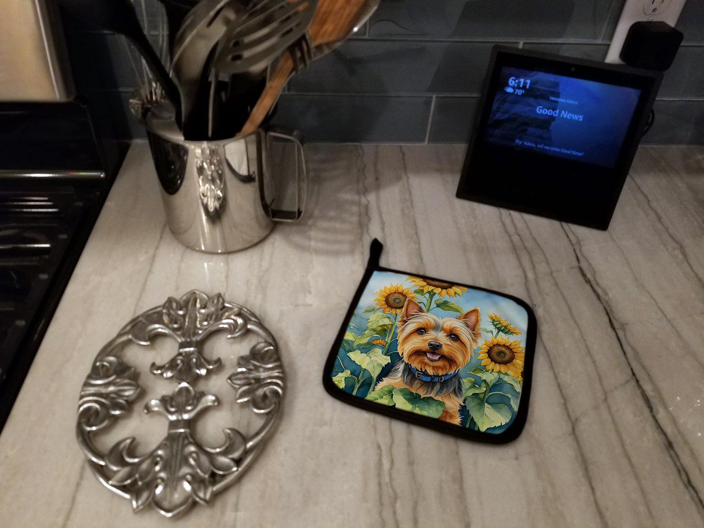 Silky Terrier in Sunflowers Pair of Pot Holders