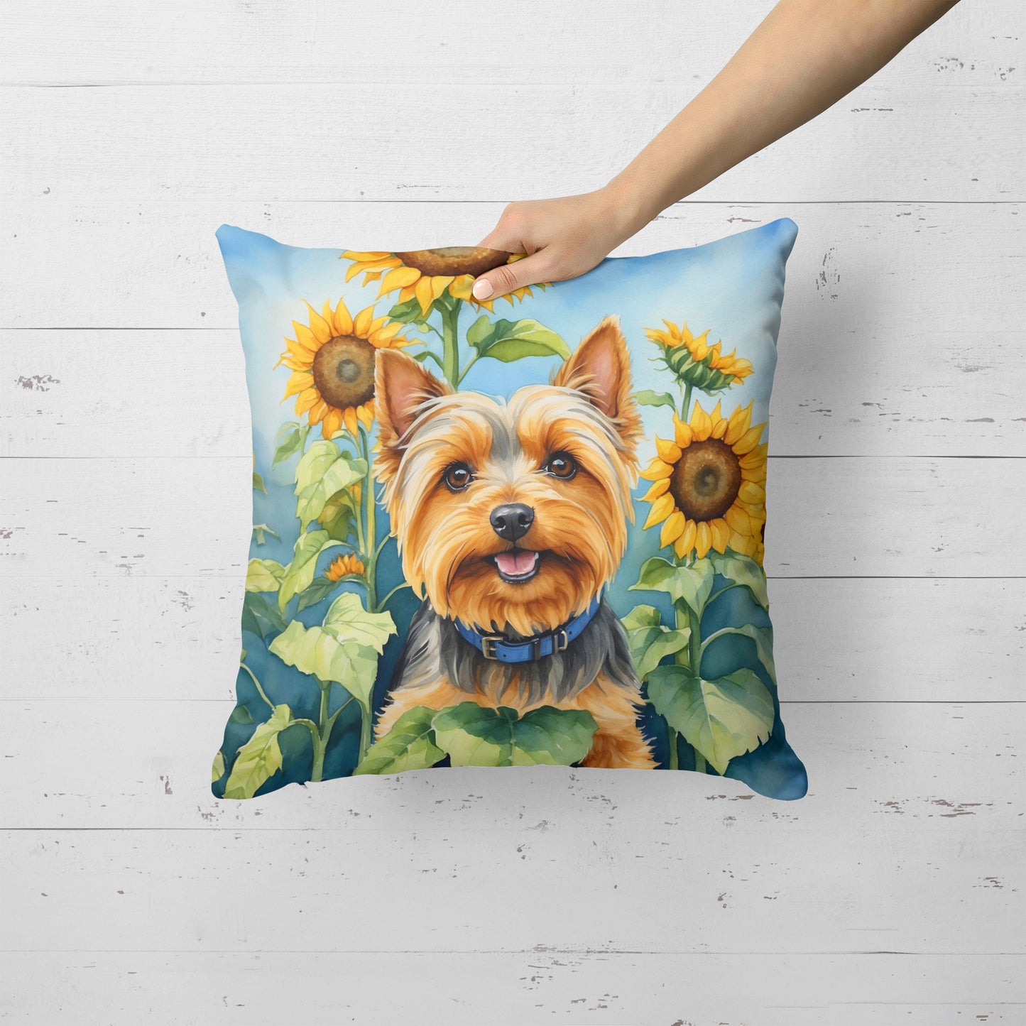 Silky Terrier in Sunflowers Throw Pillow