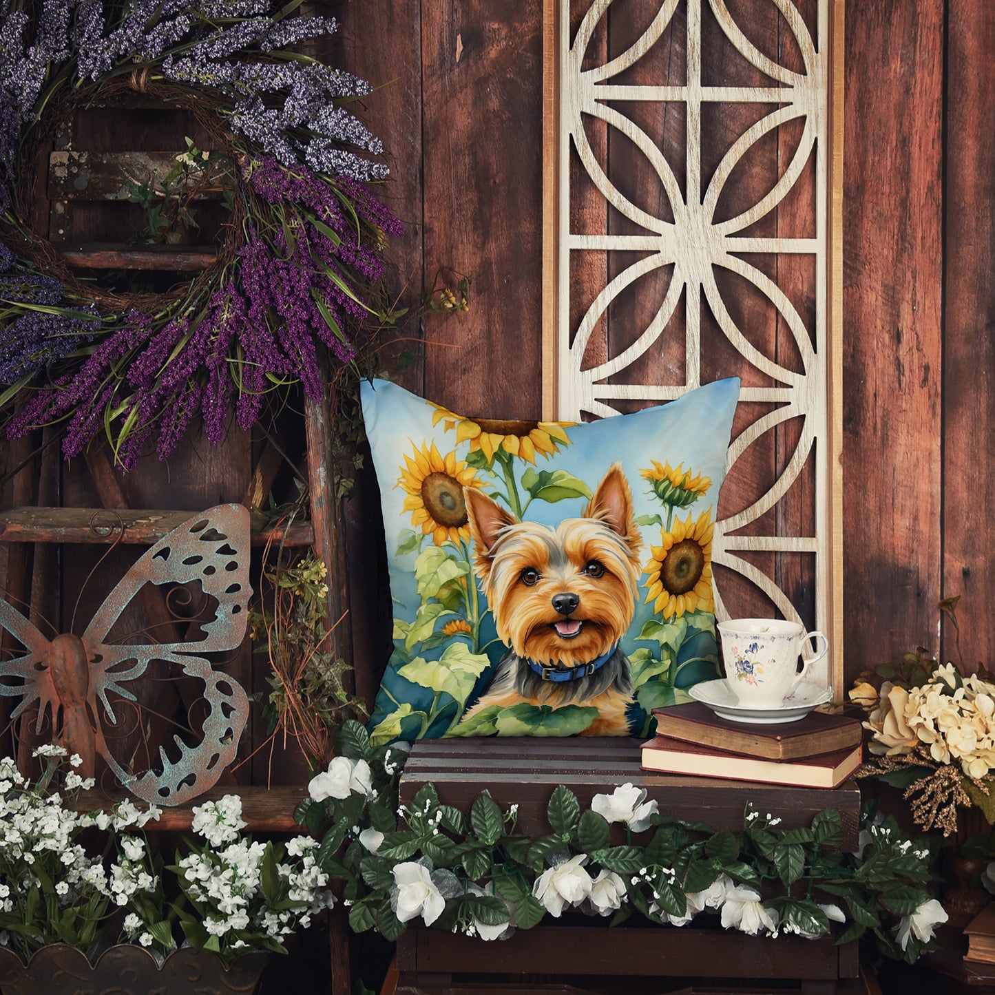 Silky Terrier in Sunflowers Throw Pillow