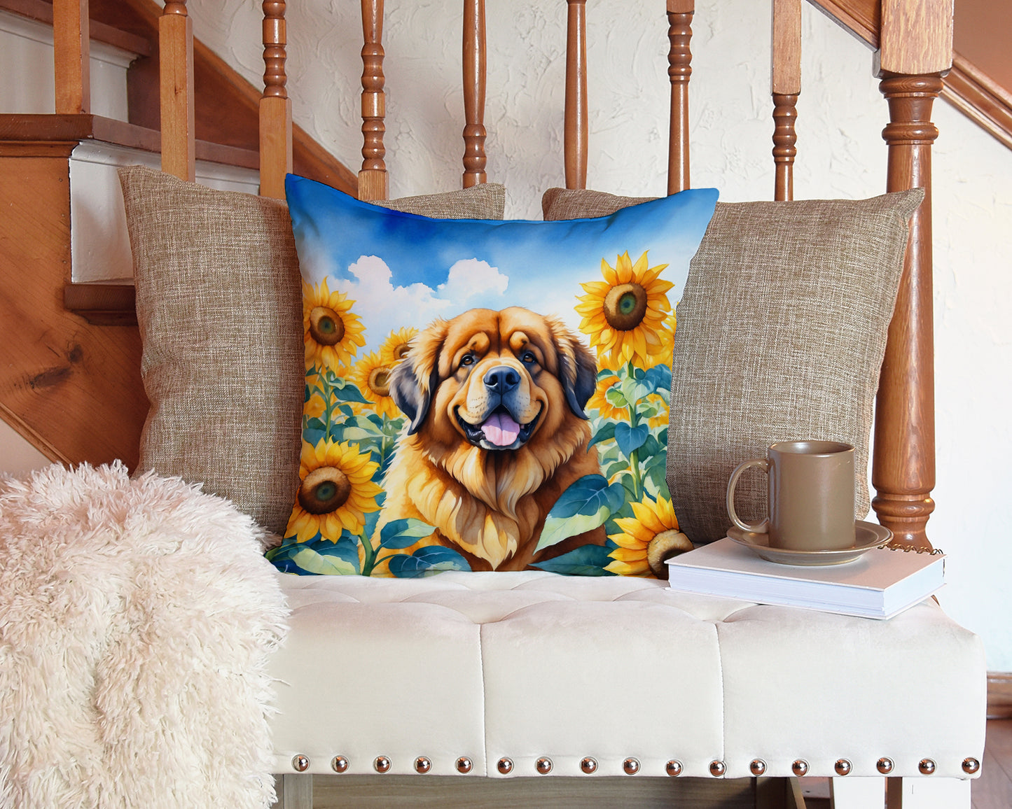 Tibetan Mastiff in Sunflowers Throw Pillow