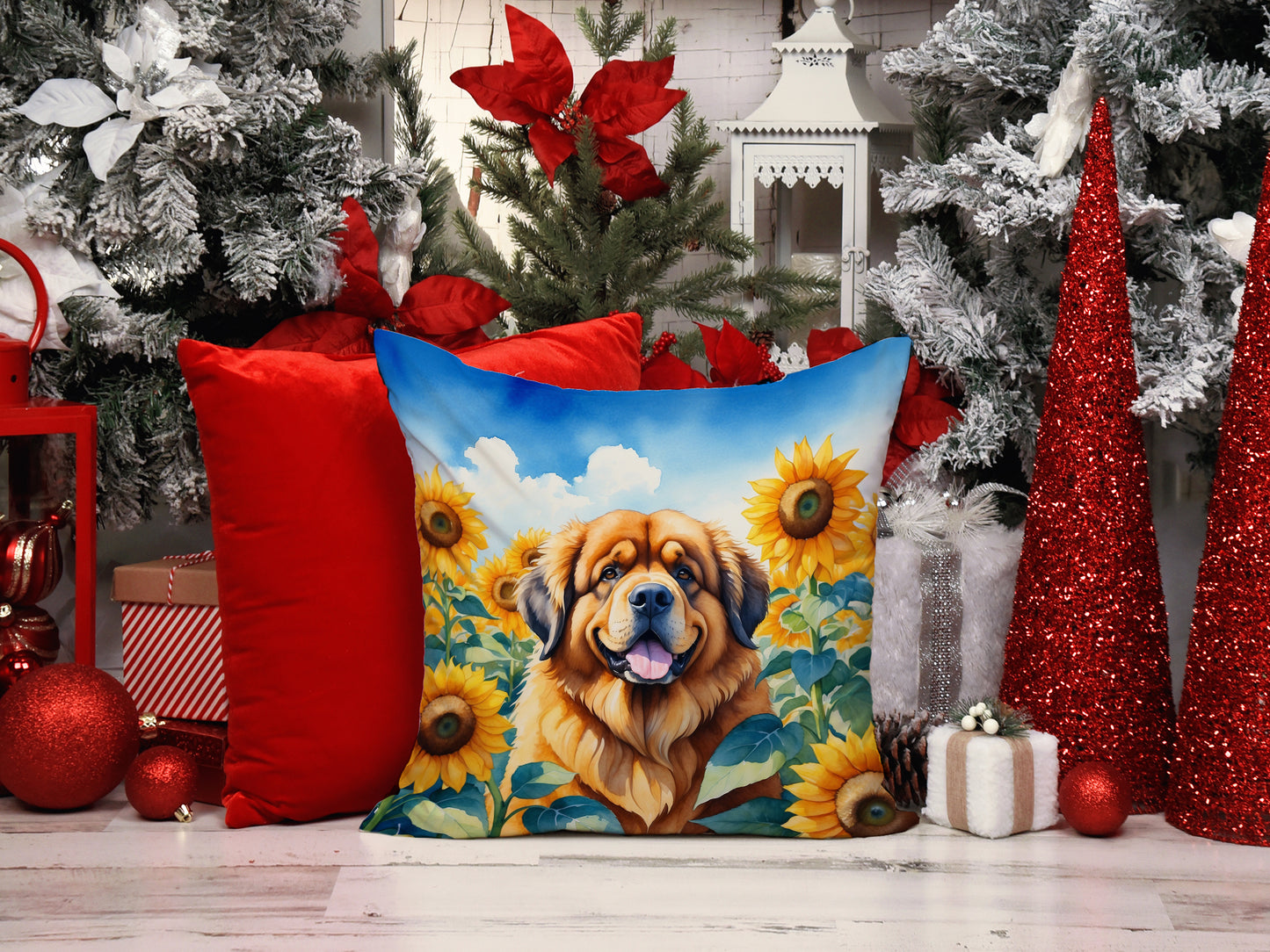 Tibetan Mastiff in Sunflowers Throw Pillow