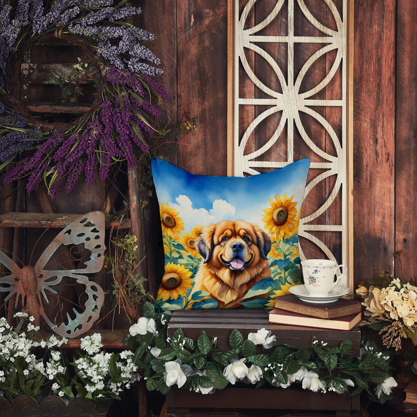 Tibetan Mastiff in Sunflowers Throw Pillow