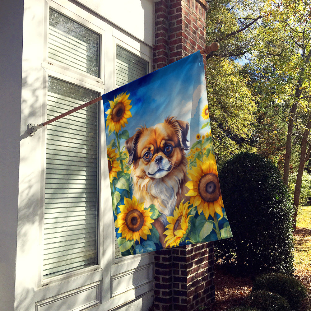 Tibetan Spaniel in Sunflowers House Flag