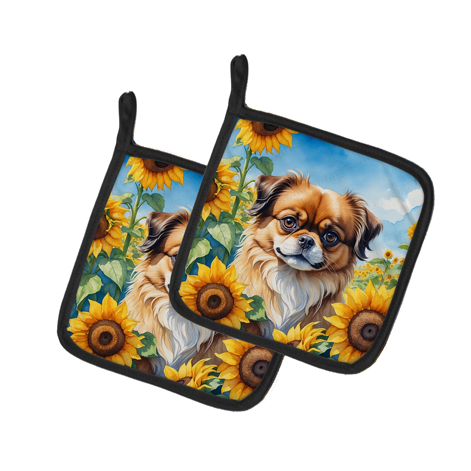 Buy this Tibetan Spaniel in Sunflowers Pair of Pot Holders