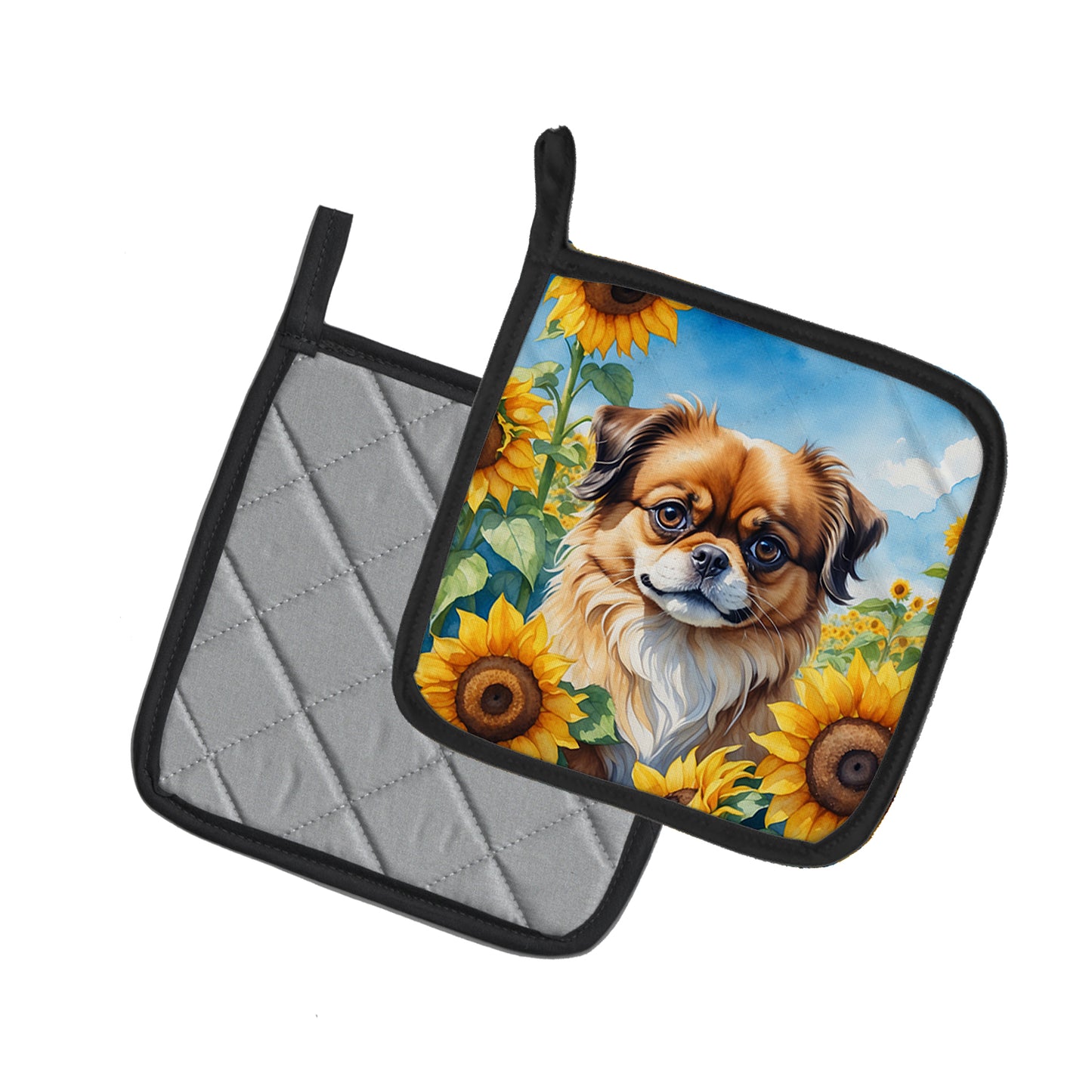 Tibetan Spaniel in Sunflowers Pair of Pot Holders