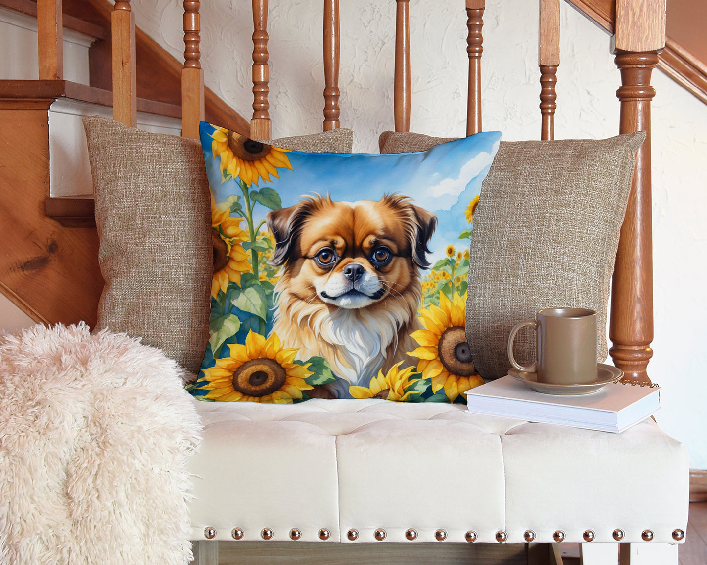 Tibetan Spaniel in Sunflowers Throw Pillow