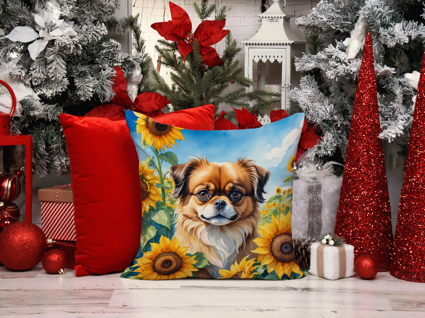 Tibetan Spaniel in Sunflowers Throw Pillow