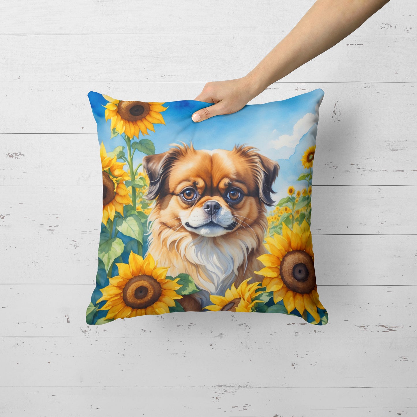 Tibetan Spaniel in Sunflowers Throw Pillow