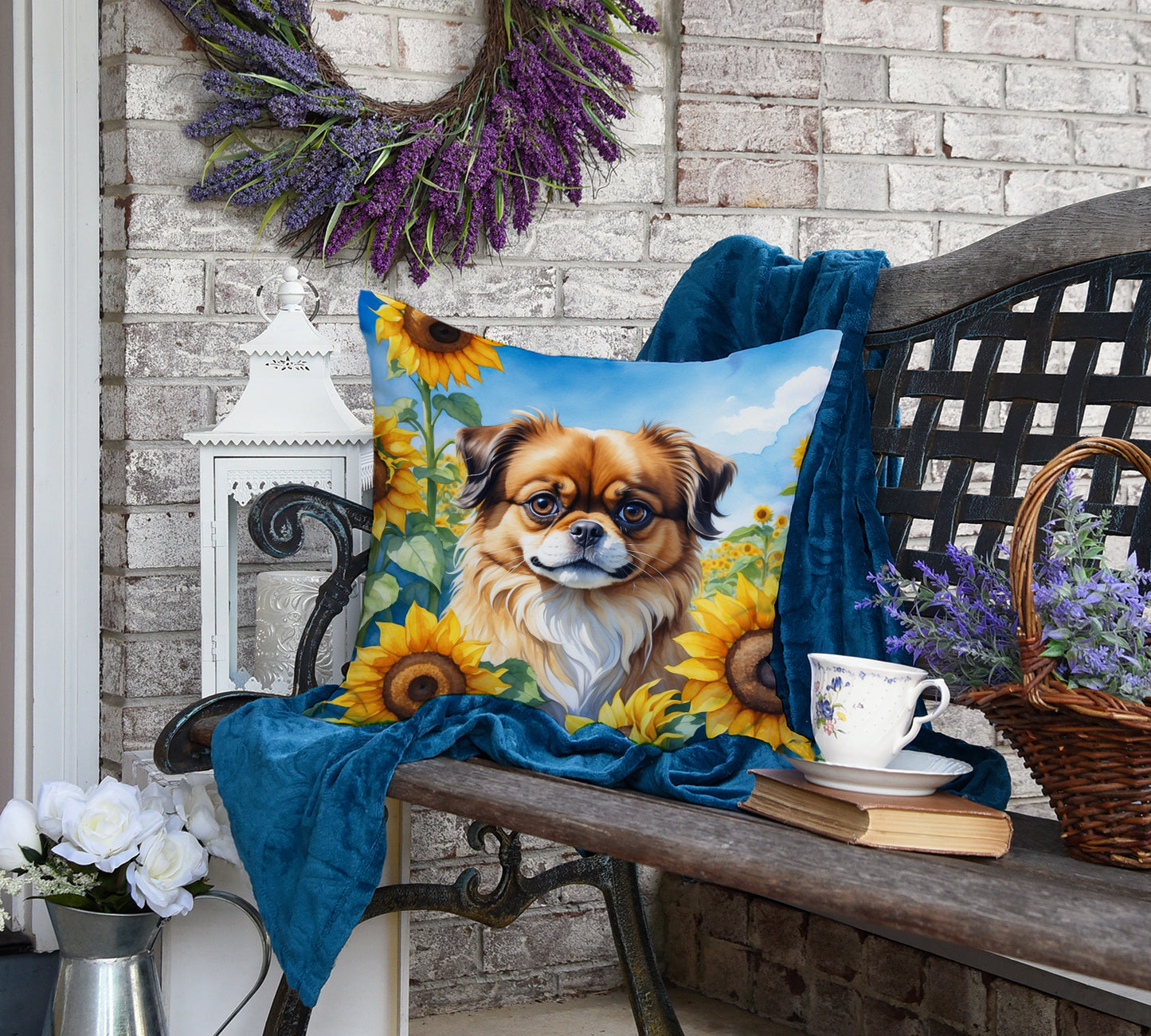 Tibetan Spaniel in Sunflowers Throw Pillow