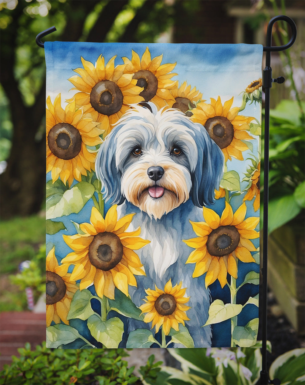 Tibetan Terrier in Sunflowers Garden Flag