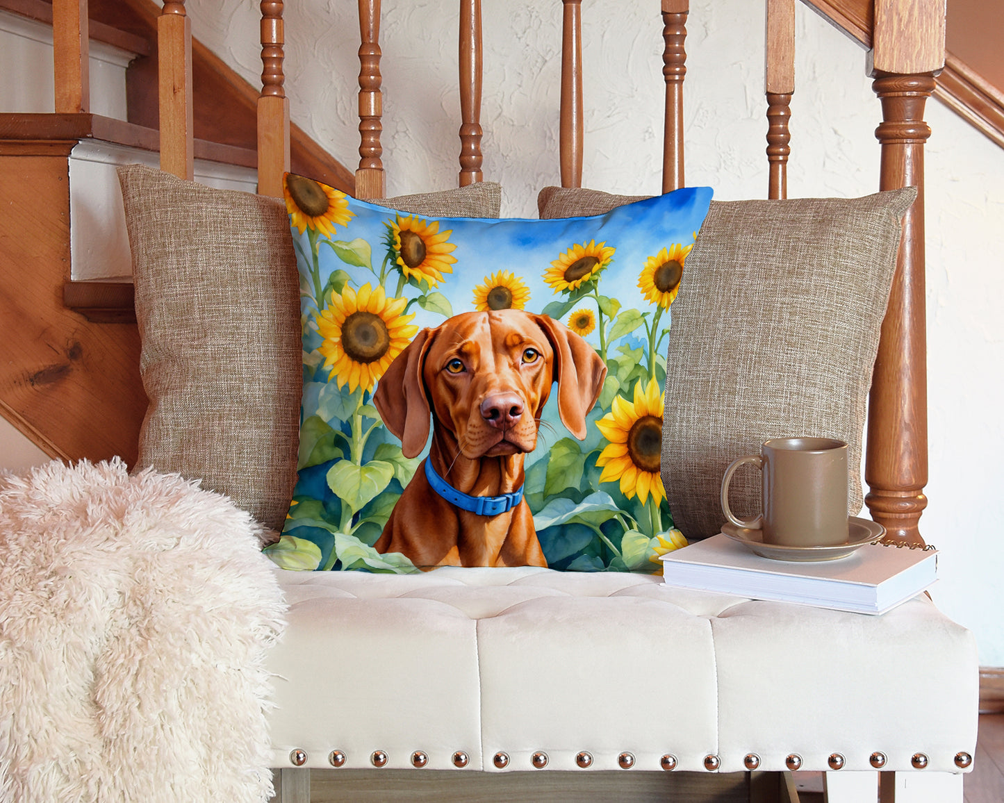 Vizsla in Sunflowers Throw Pillow