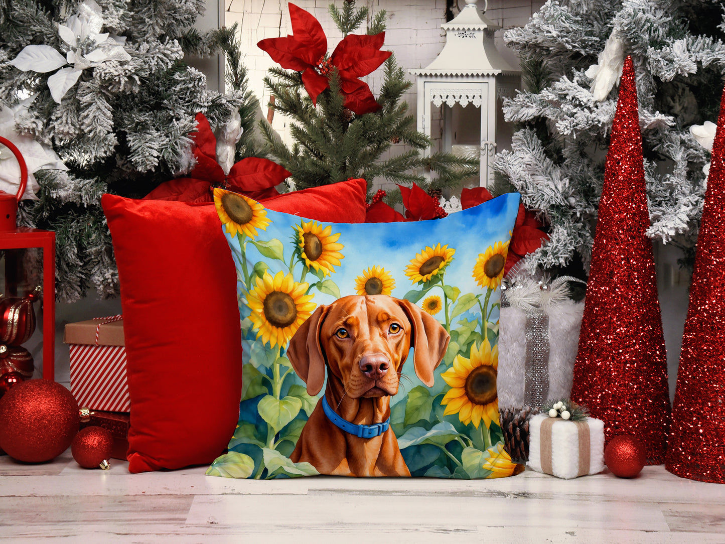 Vizsla in Sunflowers Throw Pillow