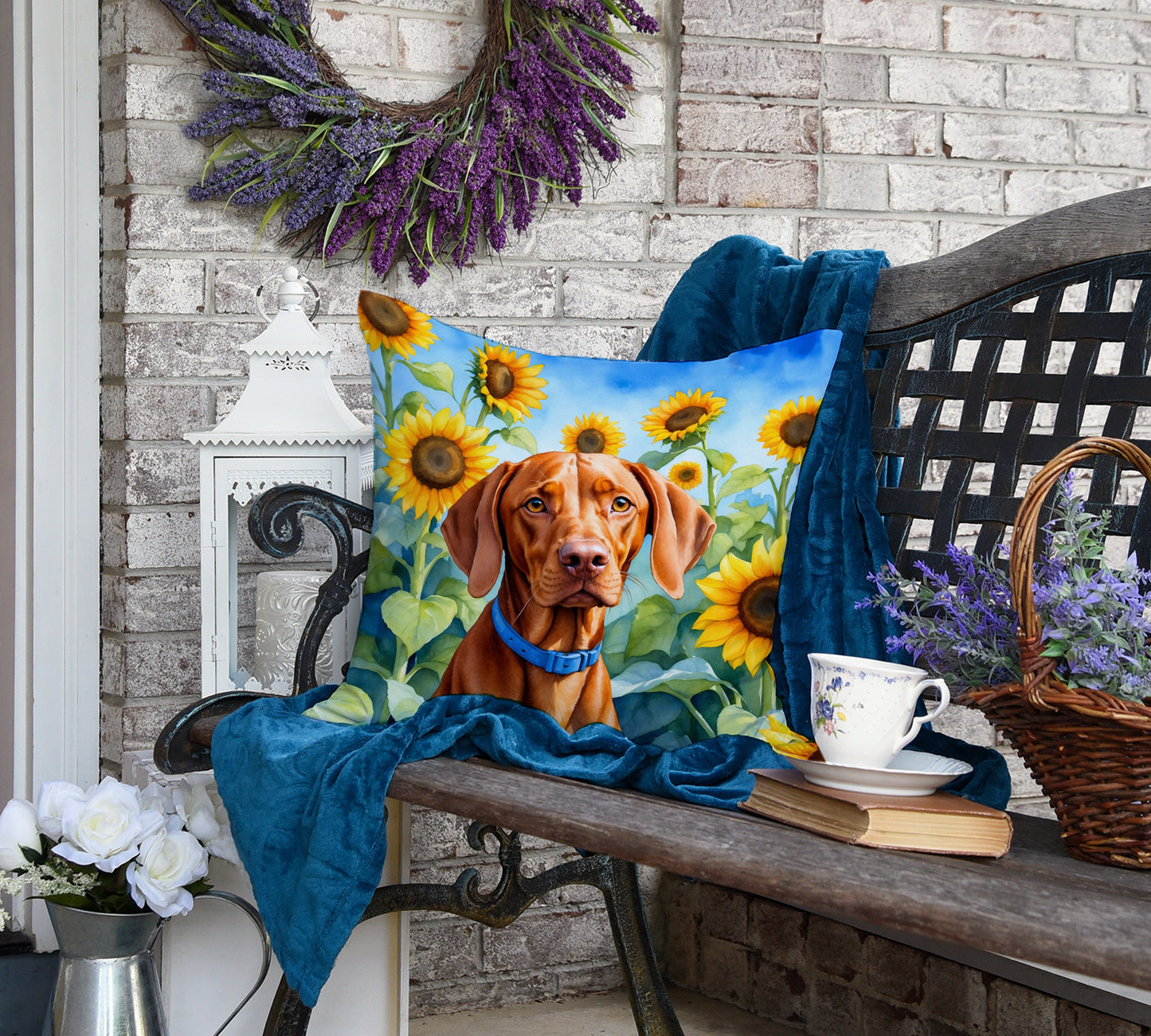 Vizsla in Sunflowers Throw Pillow