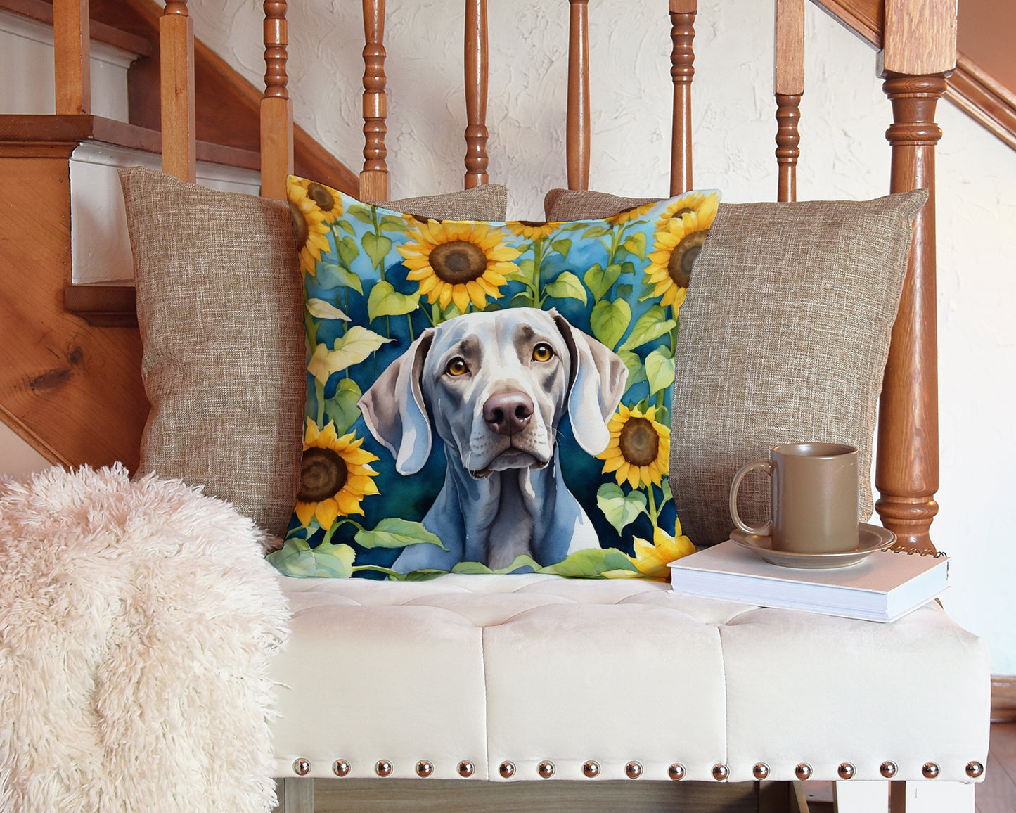 Weimaraner in Sunflowers Throw Pillow