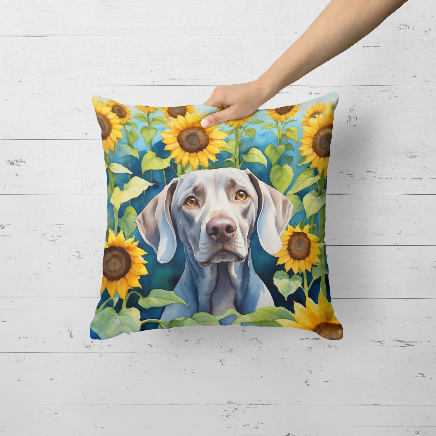 Weimaraner in Sunflowers Throw Pillow