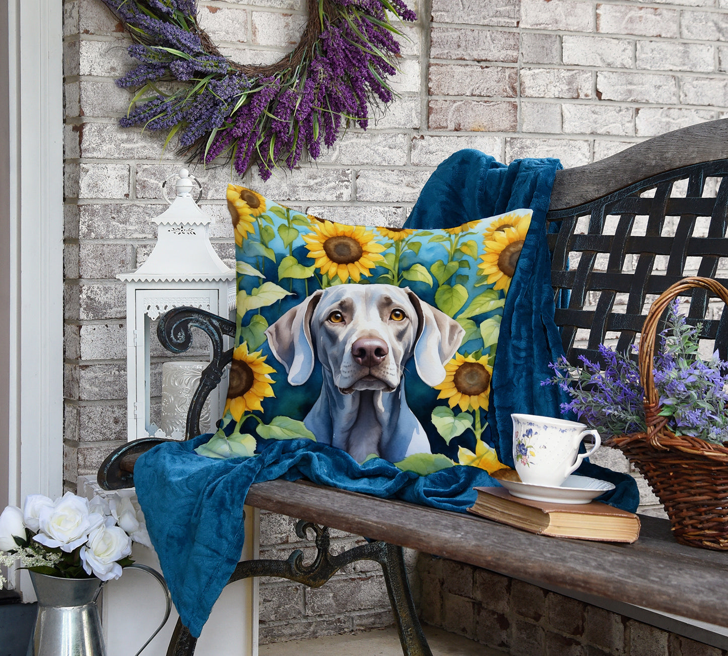 Weimaraner in Sunflowers Throw Pillow