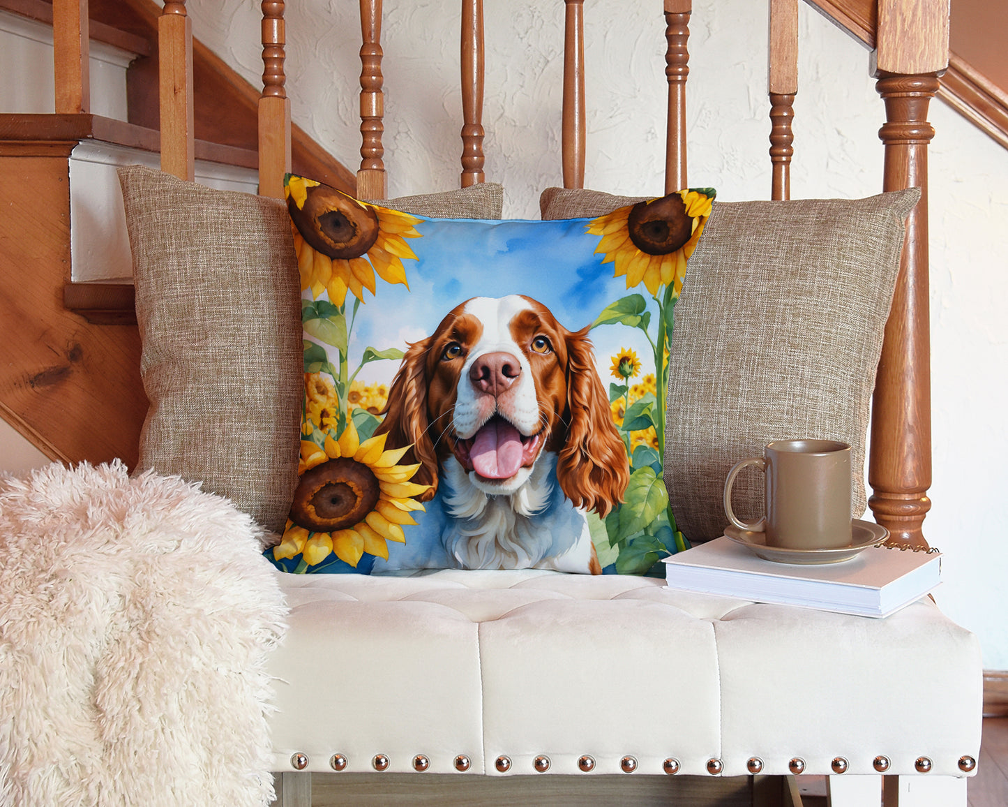 Welsh Springer Spaniel in Sunflowers Throw Pillow