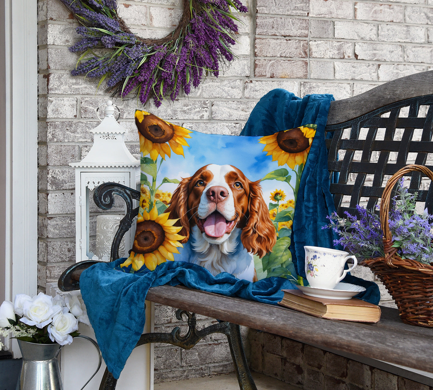 Welsh Springer Spaniel in Sunflowers Throw Pillow