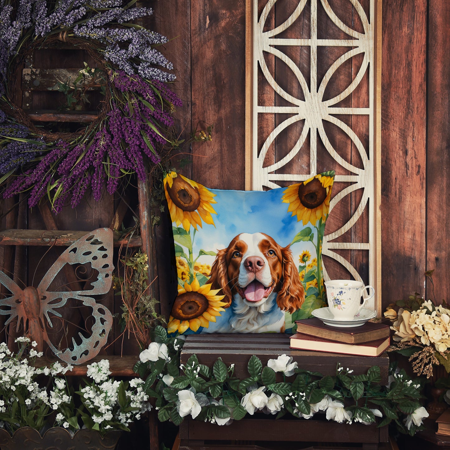 Welsh Springer Spaniel in Sunflowers Throw Pillow