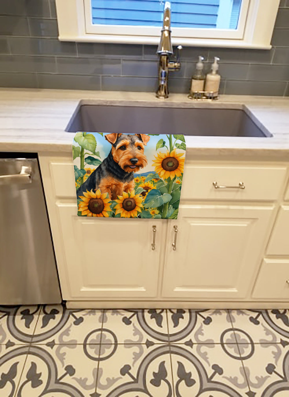 Welsh Terrier in Sunflowers Kitchen Towel