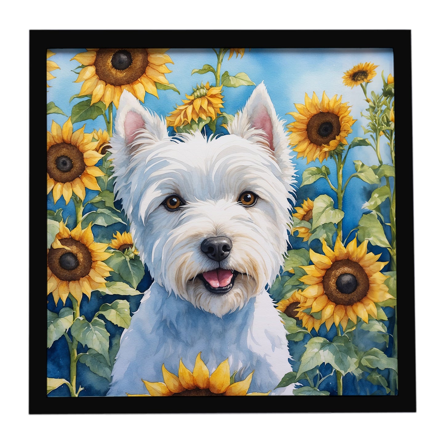 Buy this Westie in Sunflowers Framed Metal Print