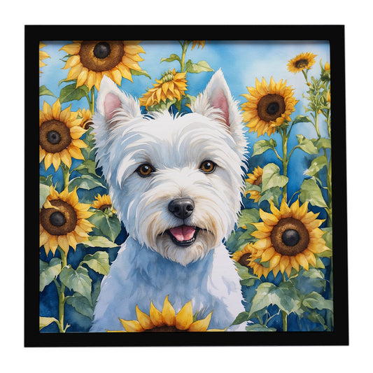 Buy this Westie in Sunflowers Framed Metal Print