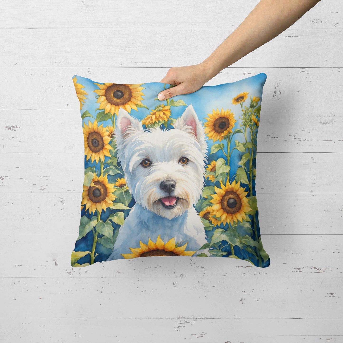 Westie in Sunflowers Throw Pillow