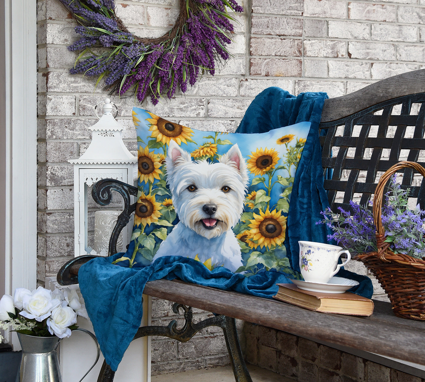 Westie in Sunflowers Throw Pillow